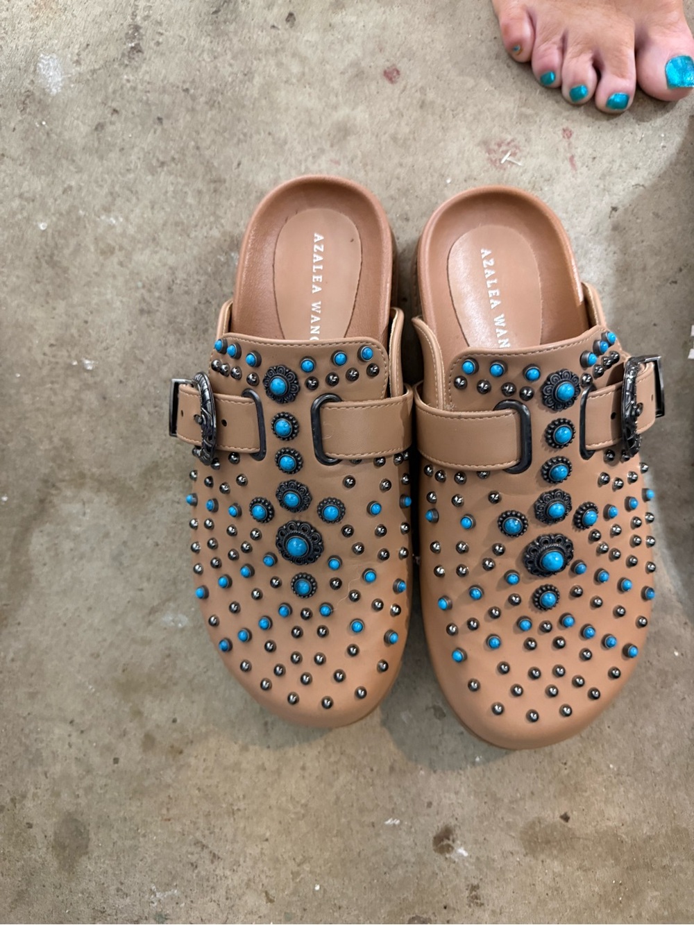 Azalea Wang Tan Studded Clog Mules with Turquoise Accents